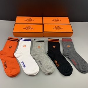 $35.00,Hermes Logo Cotton Socks Set 5 Pairs # 233506