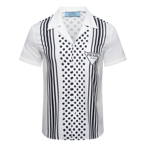 $35.00,Prada Stripe And Polka Dot Print short-sleeved multi print cotton shirt For Men  # 257475