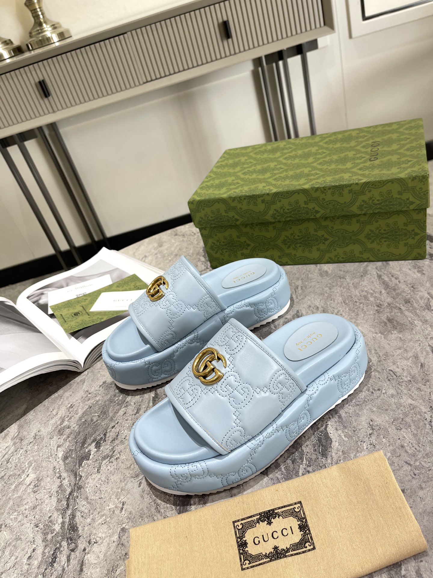Gucci Quilted embroidered faux leather platform slides For Women # 264892, cheap Gucci Slippers, only $68!